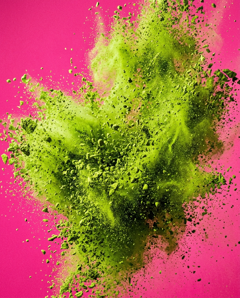 Polvo de matcha verde explotando sobre un fondo rosa intenso