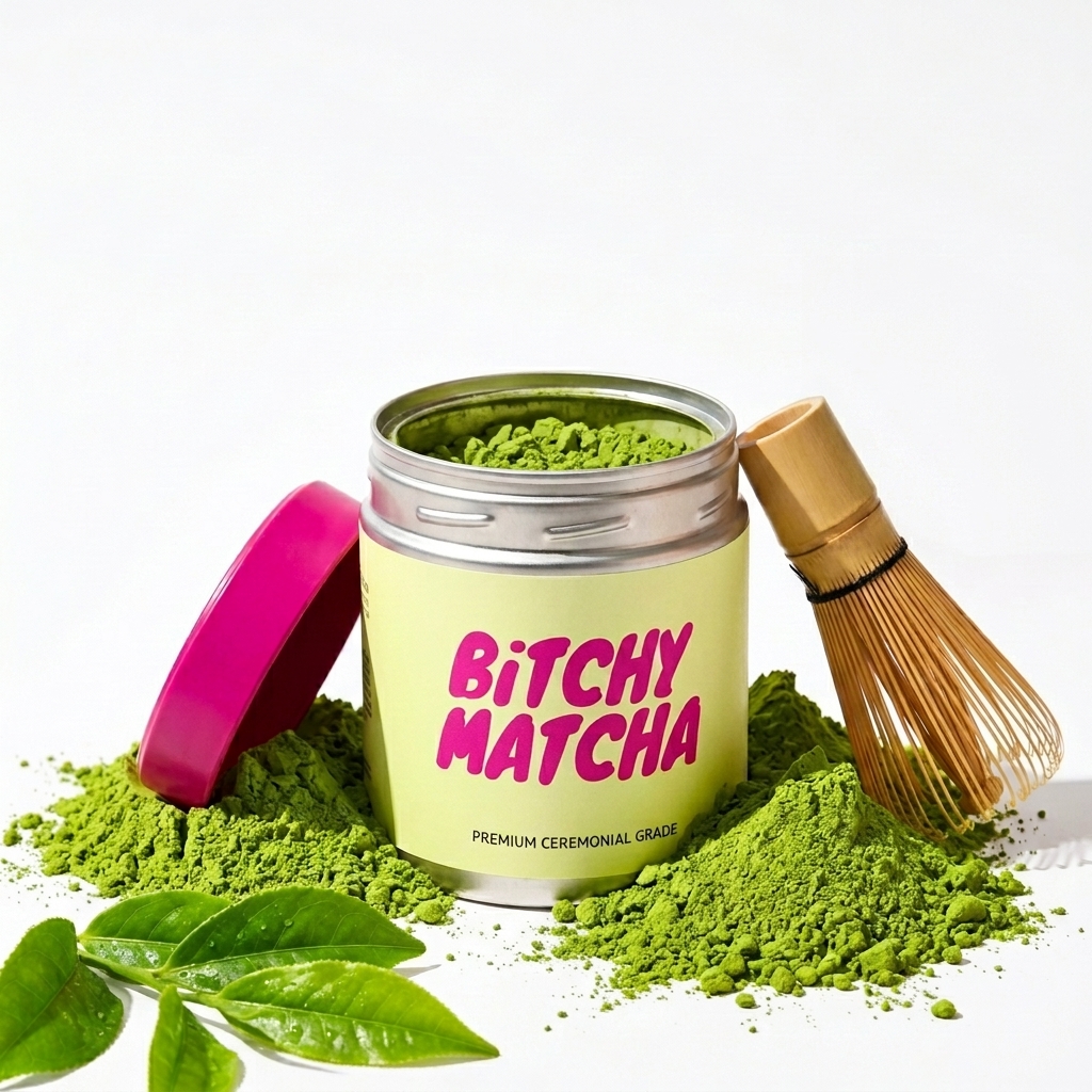 Lata de Bitchy Matcha con batidor de bambú y hojas de té verde