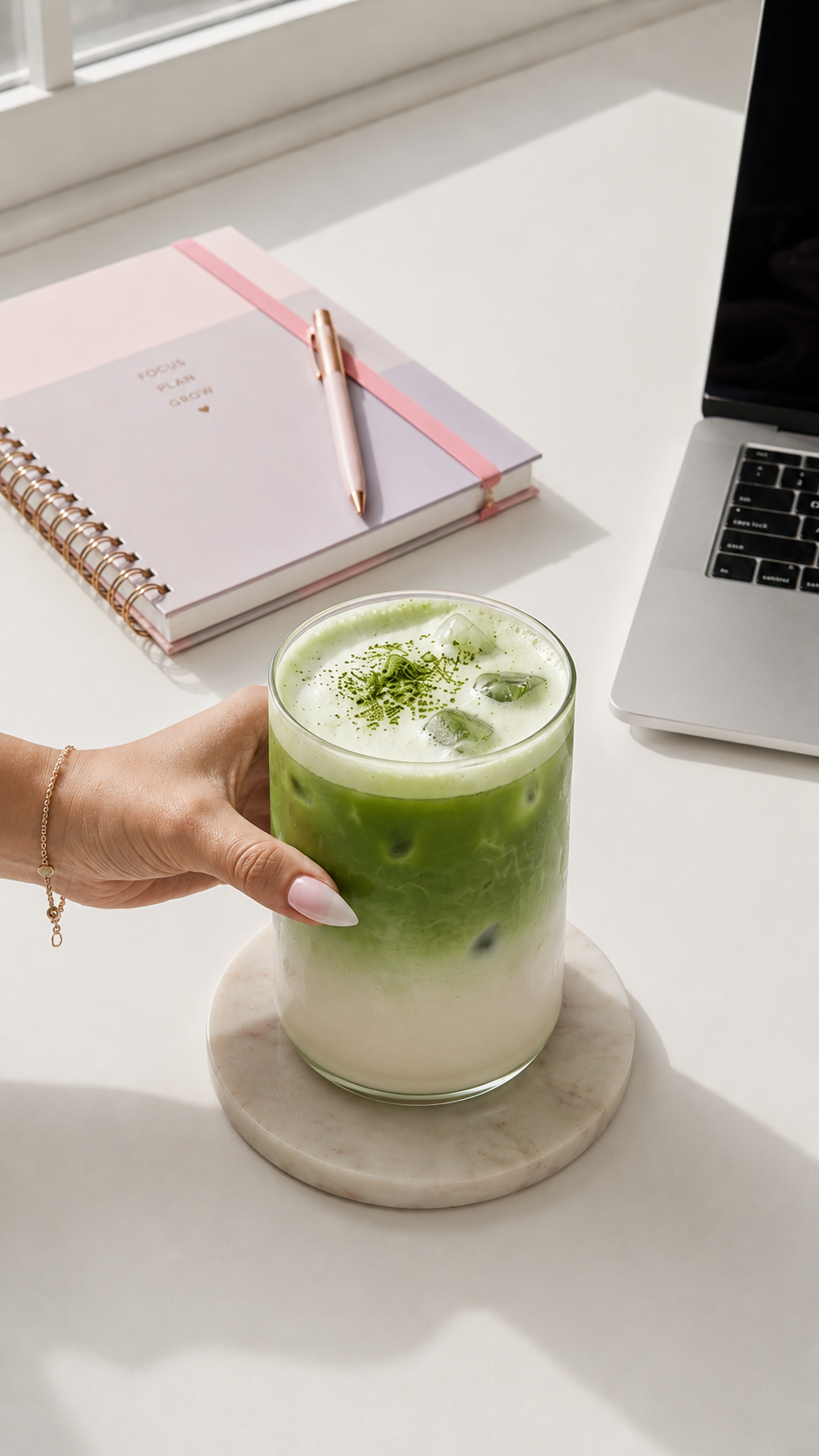 Iced matcha latte grado ceremonial en un vaso