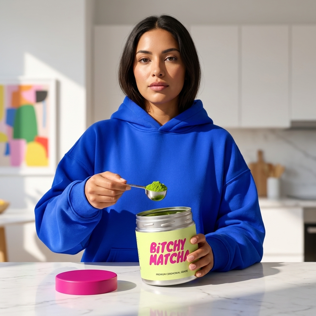 Persona con buzo azul sosteniendo la lata de Bitchy Matcha